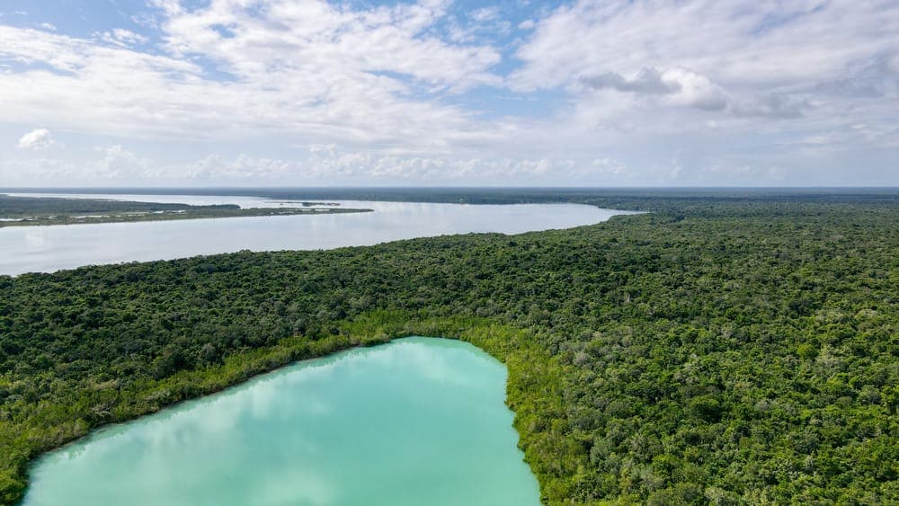 Aerial view of the Lagoon of Seven Colors at Bacalar, on the Mexican Caribbean
