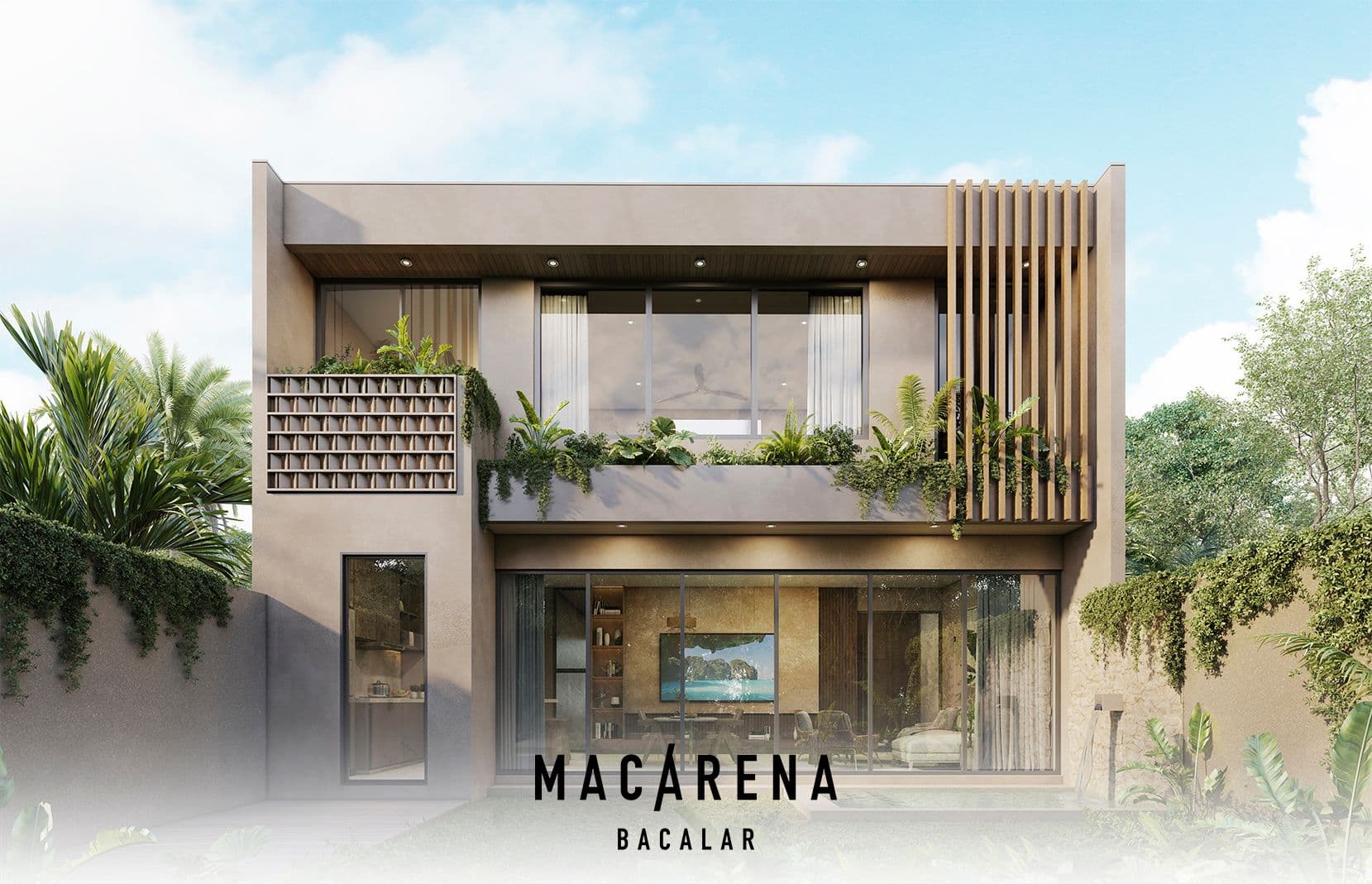 Rear facade of a MACARENA Bacalar home with garden, pool and terrace