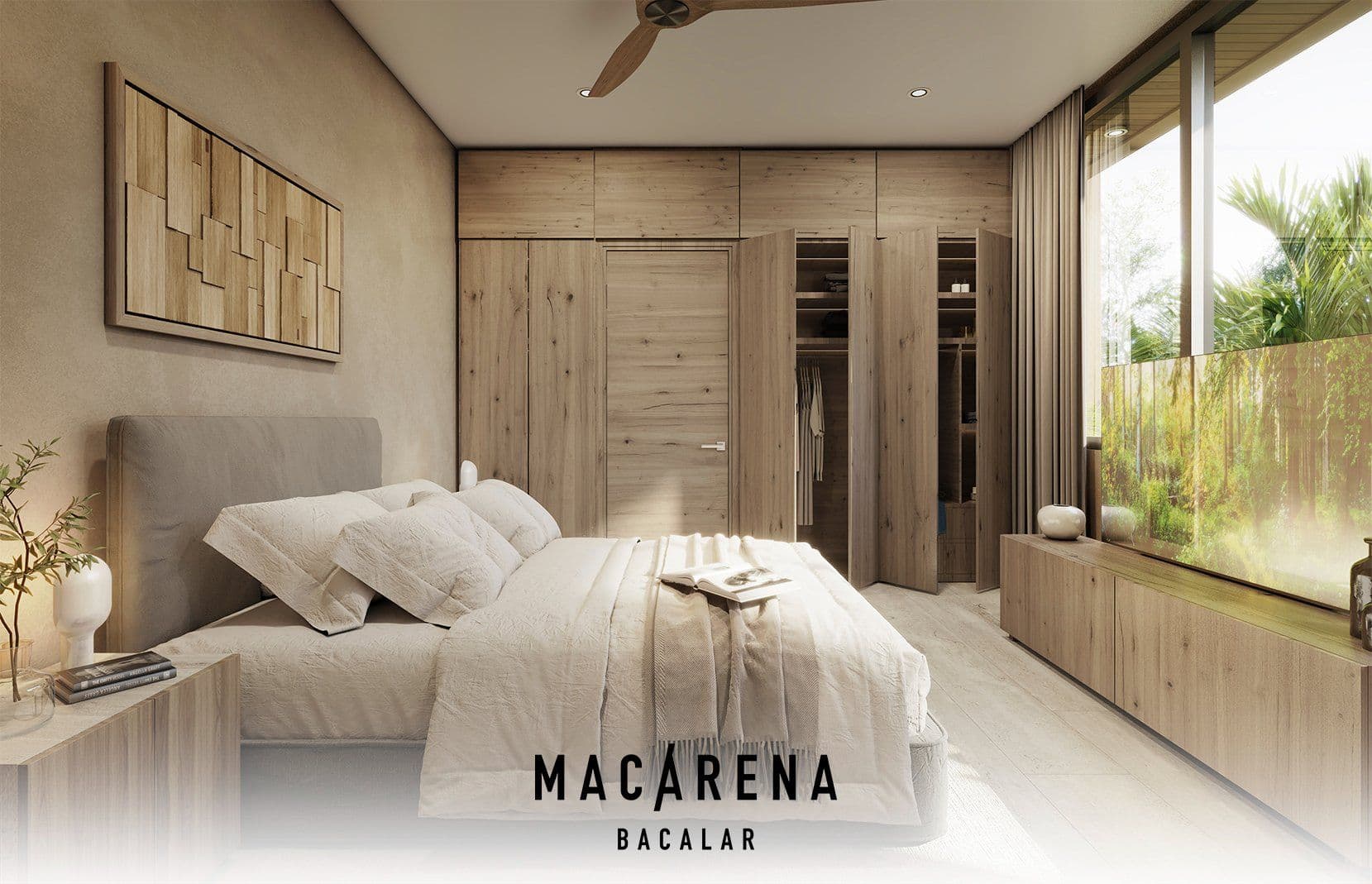 Master bedroom with wood wardrobe and garden view at MACARENA Bacalar