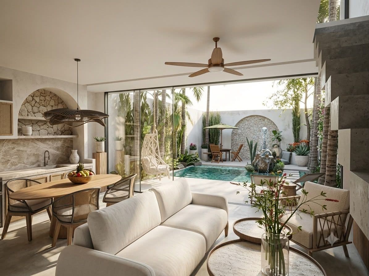 Open living, dining and kitchen area opening onto the pool at CUATRO Bacalar