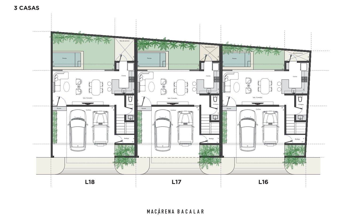 Floor plan of the three MACARENA Bacalar homes showing layout and pools