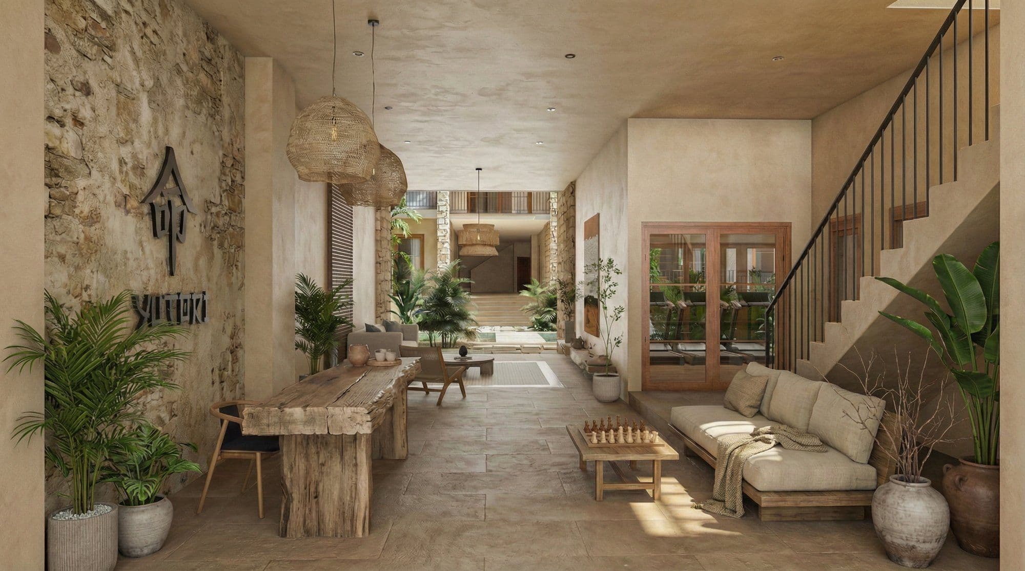 Rendering of the Yutori entrance lobby with a stone accent wall and view through to the interior courtyard