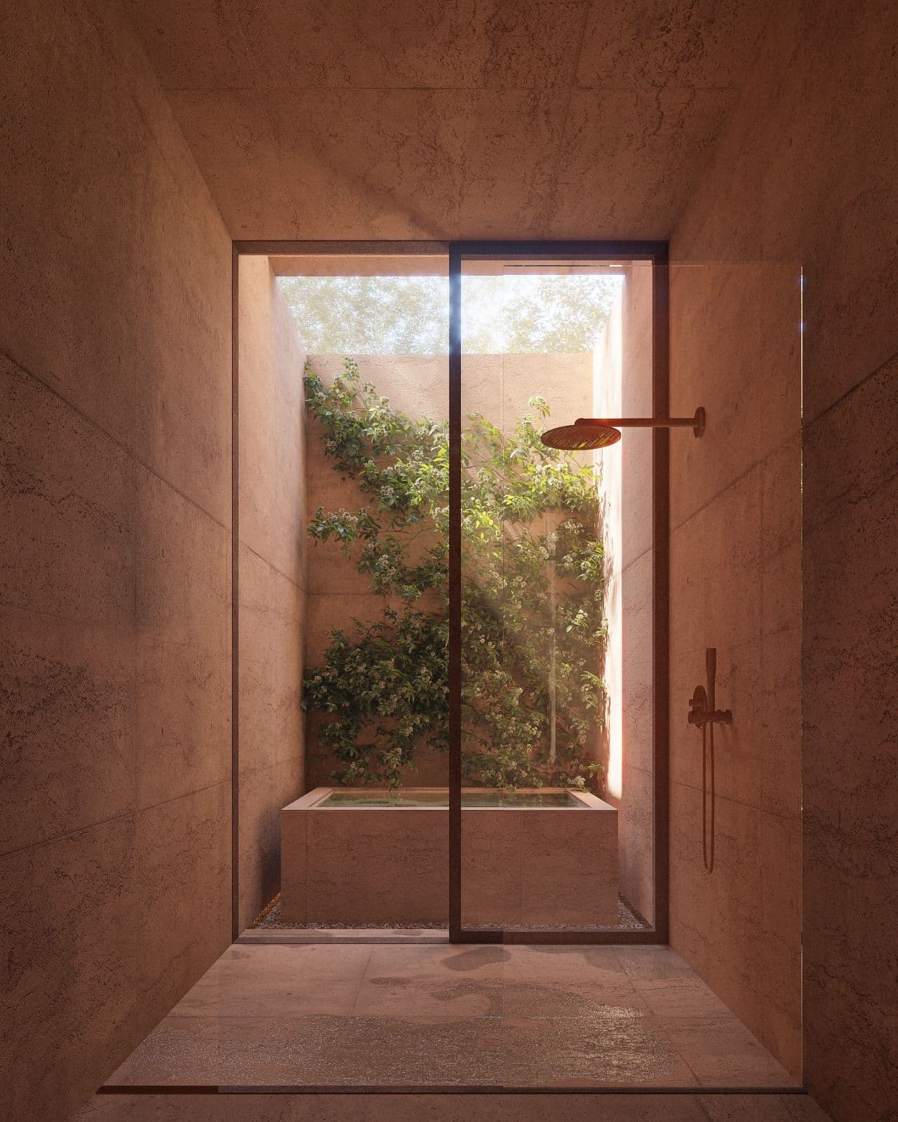 Render of the master bathroom in a one-bedroom apartment at Aldea Kalan, Bacalar