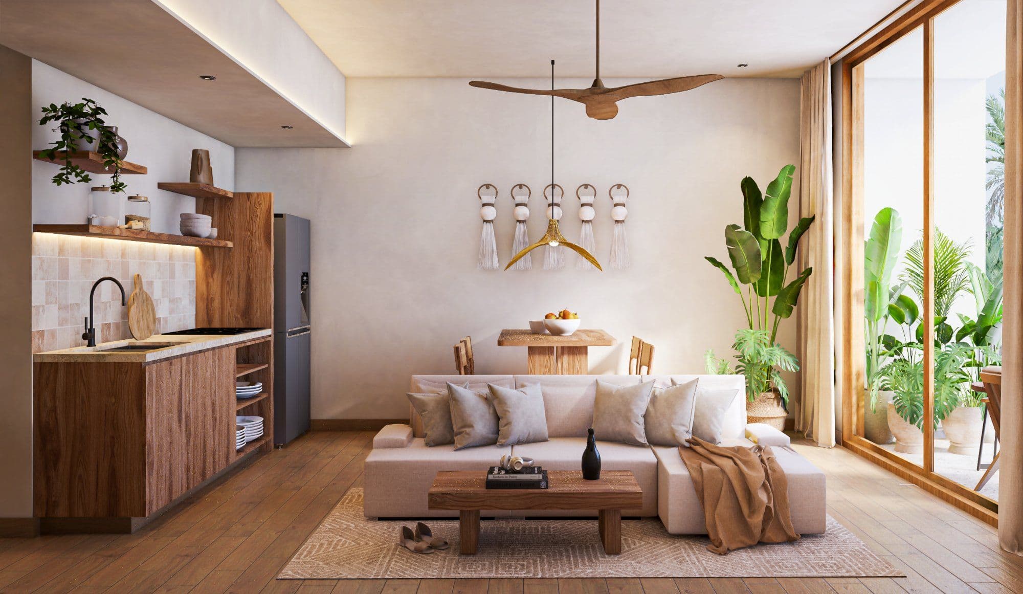 Rendering of the open living, kitchen, and dining area of a Yutori residence