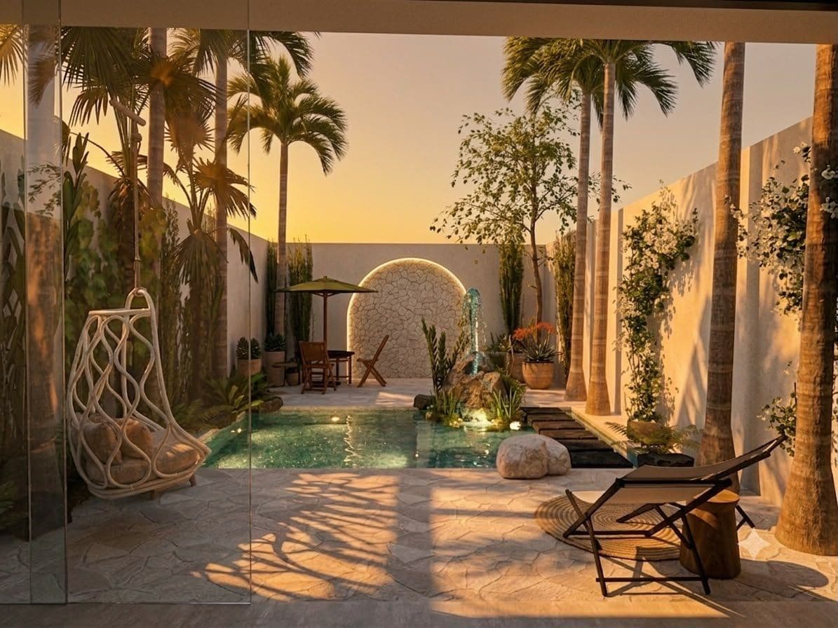 Private courtyard with pool and tropical garden at CUATRO Bacalar