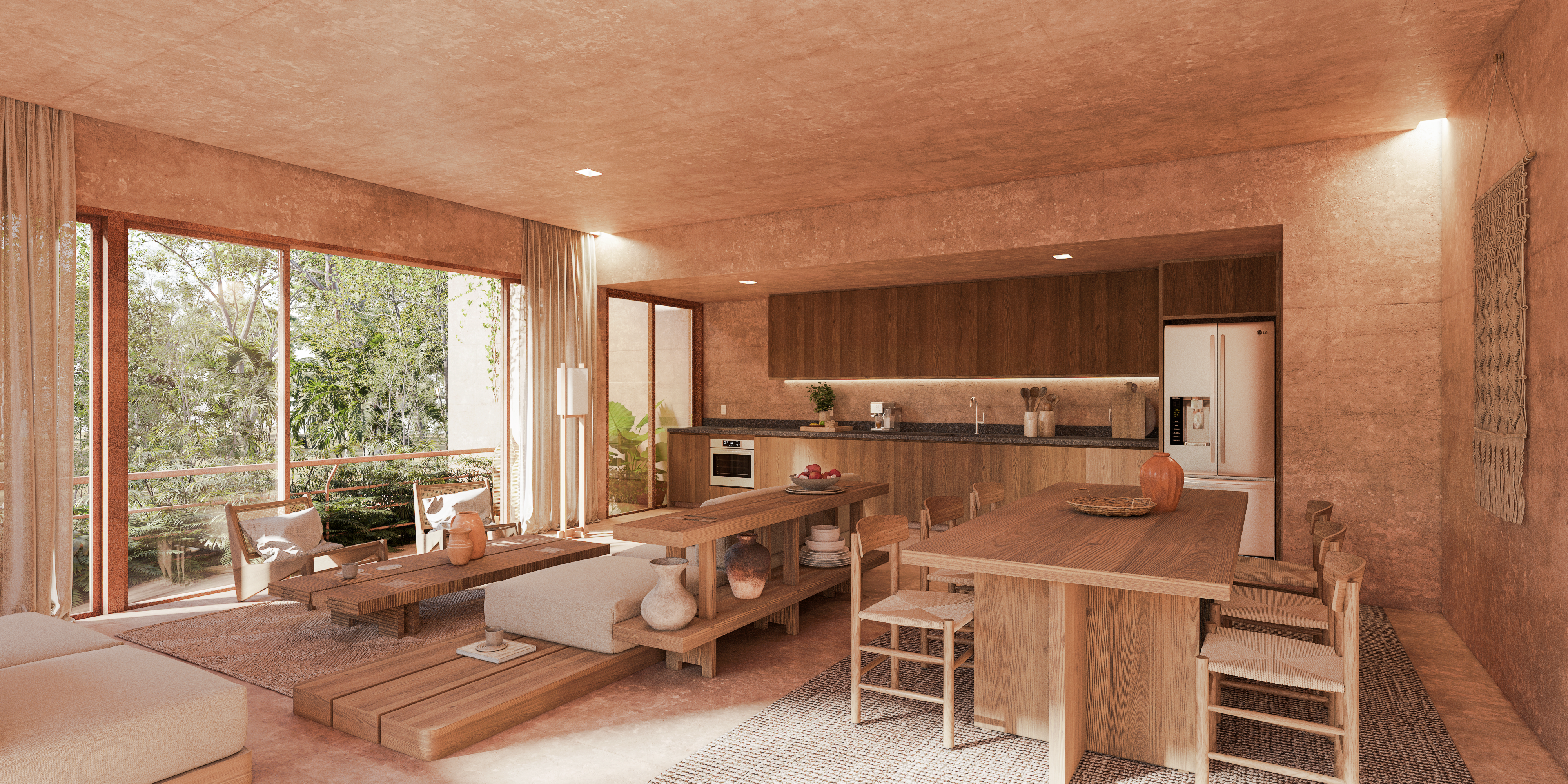 Render of the dining area in a one-bedroom apartment at Aldea Kalan, Bacalar