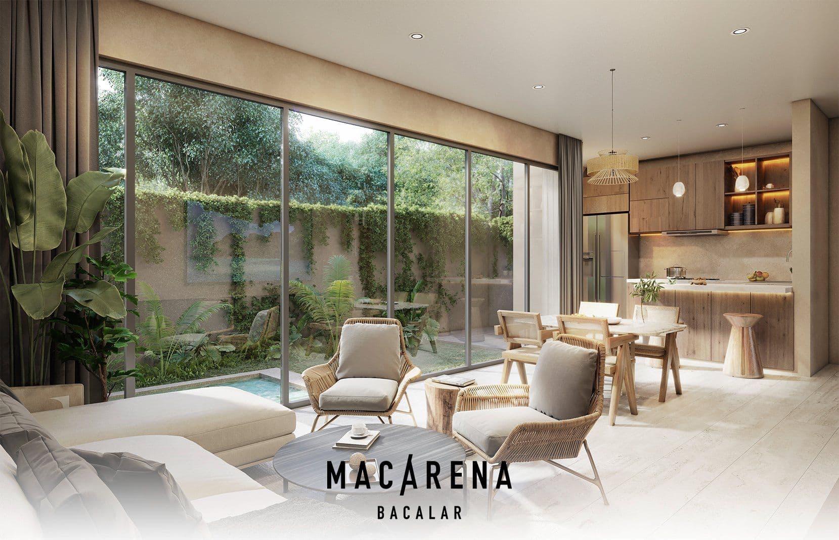 Living area with floor-to-ceiling glass opening to a garden and plunge pool at MACARENA Bacalar