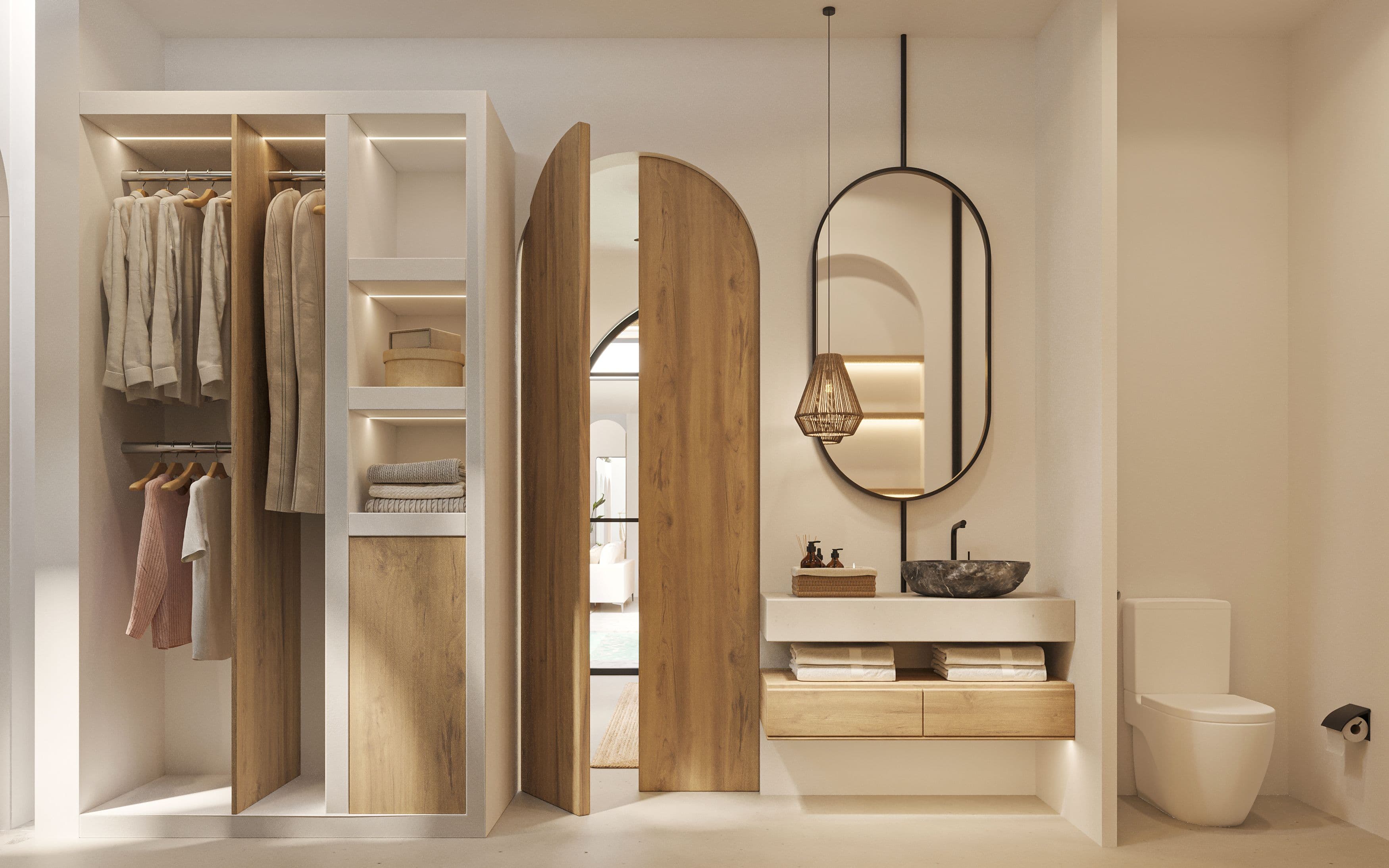Ensuite bathroom of the primary bedroom at CUATRO Bacalar, stone washbasin and wood vanity