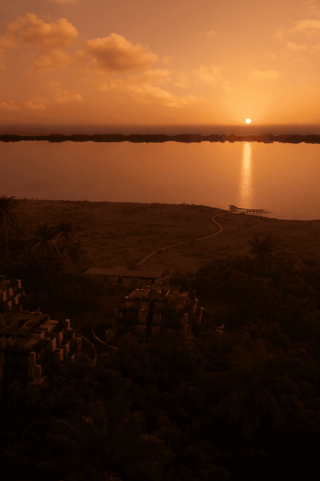 Render of an aerial view of Aldea Kalan at dawn over the Lagoon of Seven Colors, Bacalar